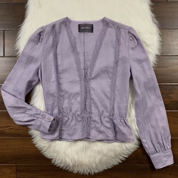 Reformation Tops - Reformation Lavender Linen Lace Inset Odette Top